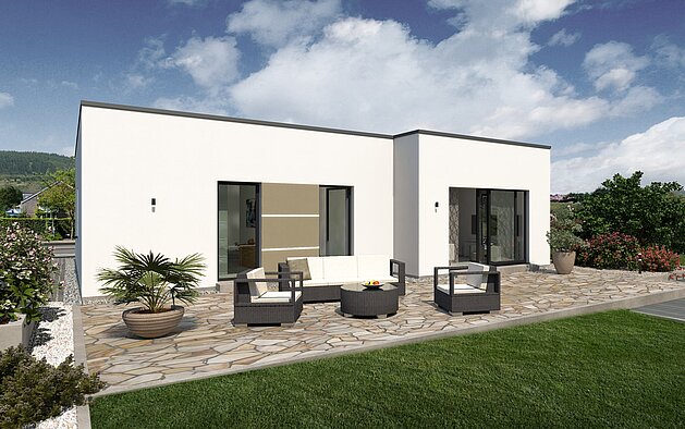Bungalow Lifetime 4 von allkauf, Ansicht Garten am Tag mit Variante Flachdach