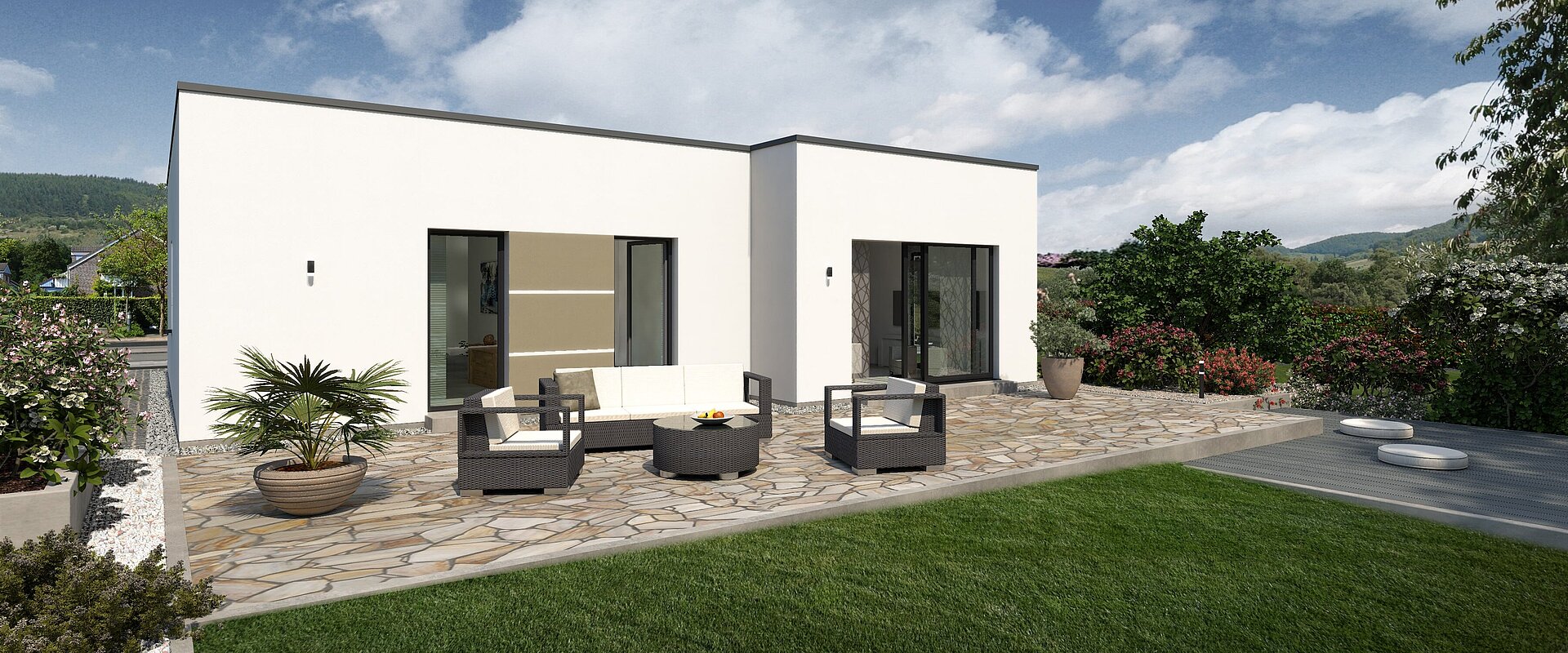 Bungalow Lifetime 4 von allkauf, Ansicht Garten am Tag mit Variante Flachdach