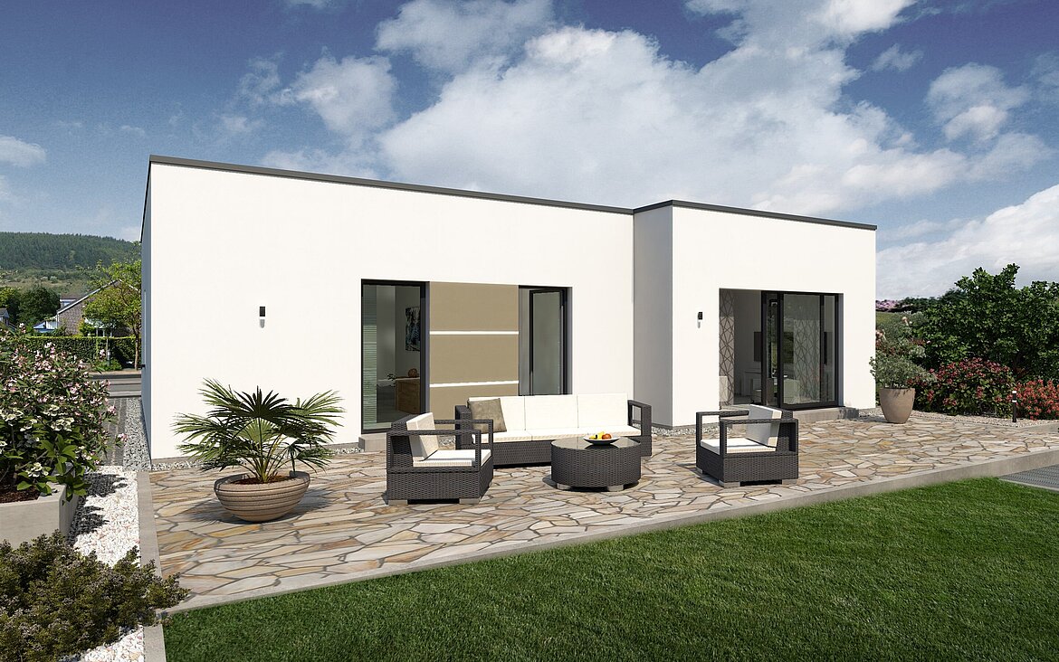 Bungalow Lifetime 4 von allkauf, Ansicht Garten am Tag mit Variante Flachdach