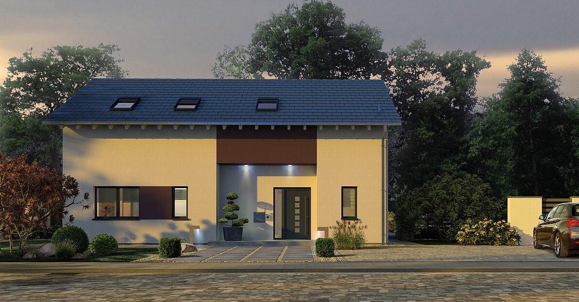 Einfamilienhaus Trendline S1 von allkauf, Vorderansicht am Abend