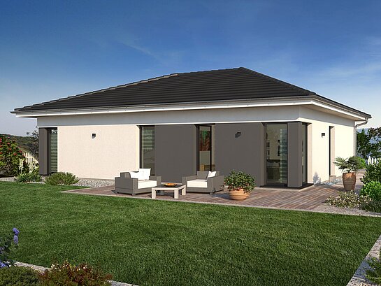 Bungalow Lifetime 3 von allkauf, Ansicht Garten am Tag mit Variante Walmdach