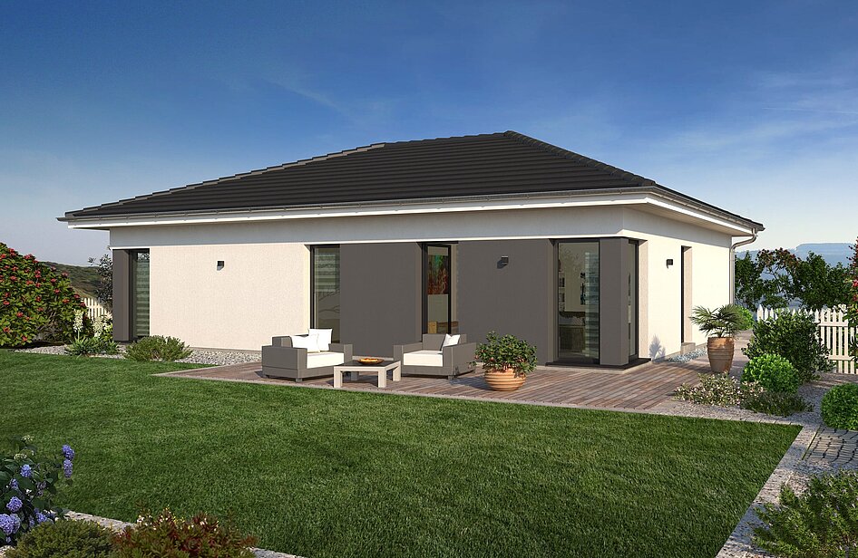 Bungalow Lifetime 3 von allkauf, Ansicht Garten am Tag mit Variante Walmdach