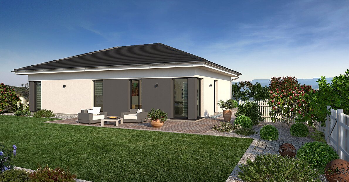 Bungalow Lifetime 3 von allkauf, Ansicht Garten am Tag mit Variante Walmdach