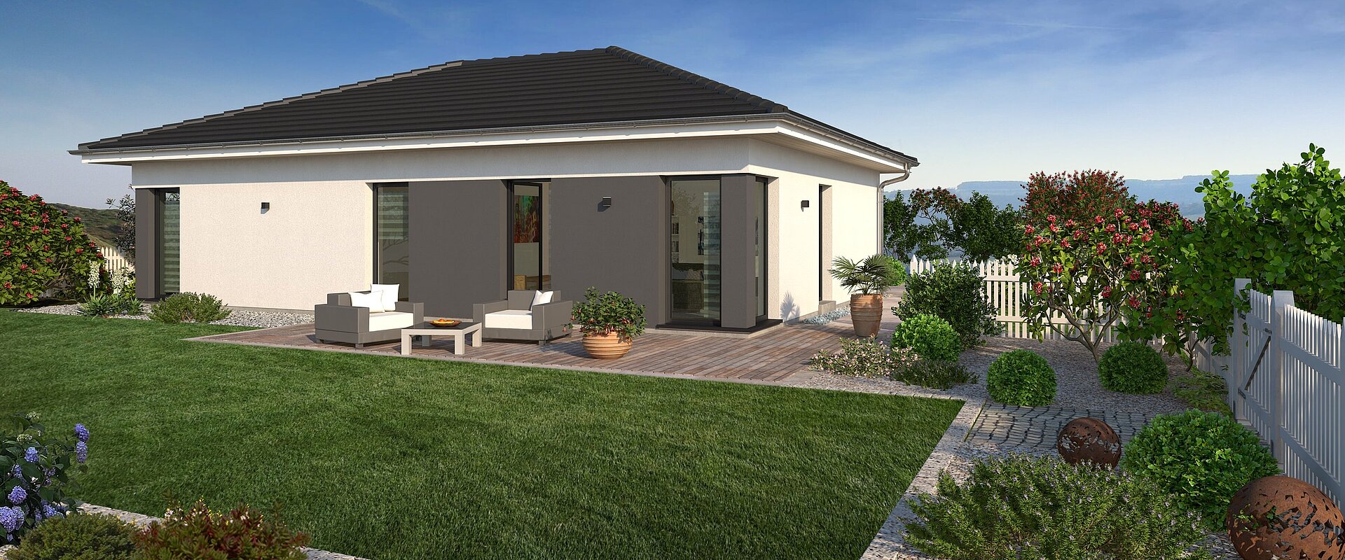 Bungalow Lifetime 3 von allkauf, Ansicht Garten am Tag mit Variante Walmdach
