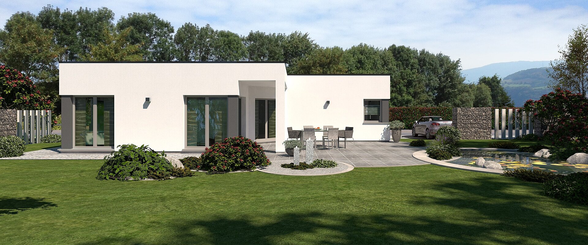 Rendering Flachdach-Bungalow Lifetime 5 von allkauf mit knapp 150 m², Ansicht Garten am Tag mit Variante Flachdach