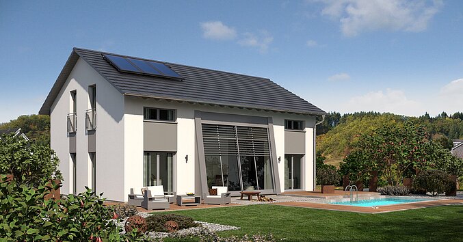 Einfamilienhaus Trendline S2 von allkauf, Ansicht Garten am Tag mit Solaranlage
