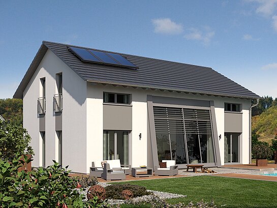 Einfamilienhaus Trendline S2 von allkauf, Ansicht Garten am Tag mit Solaranlage