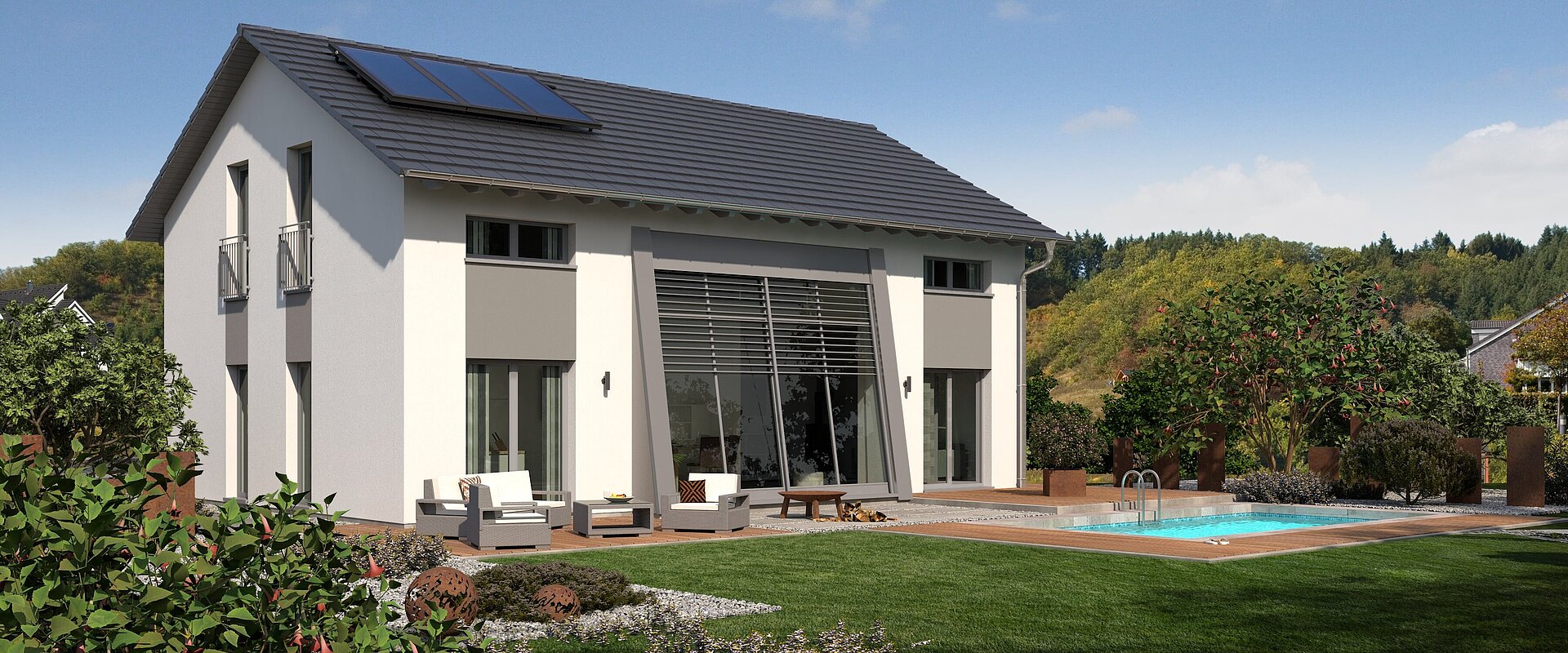 Einfamilienhaus Trendline S2 von allkauf, Ansicht Garten am Tag mit Solaranlage