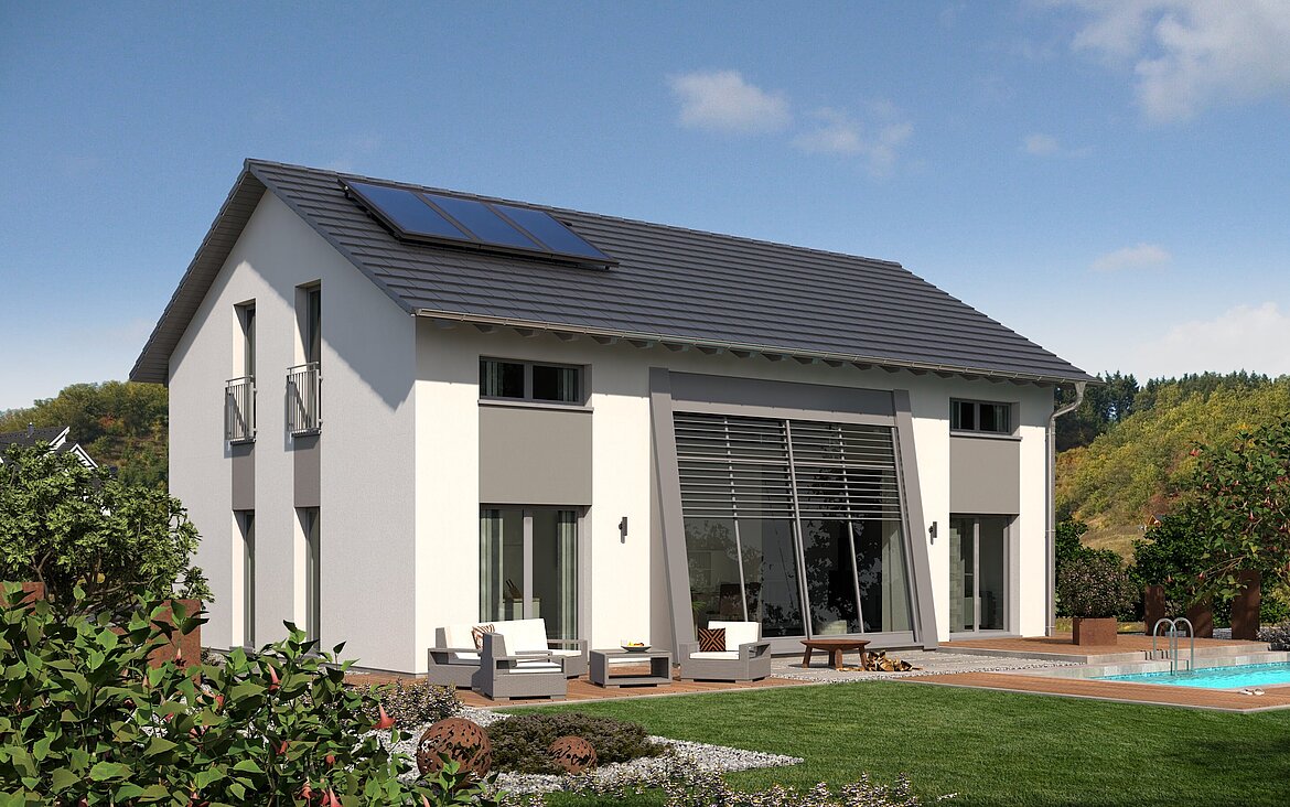 Einfamilienhaus Trendline S2 von allkauf, Ansicht Garten am Tag mit Solaranlage