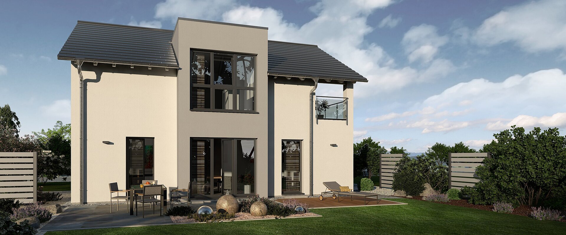 Einfamilienhaus Prestige 2 V3 von allkauf, Ansicht Garten bei Tag