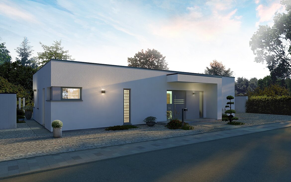 Rendering Flachdach-Bungalow Lifetime 5 von allkauf mit knapp 150 m², Vorderansicht in der Dämmerung mit Variante Flachdach