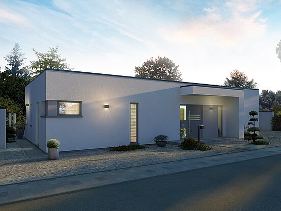 Rendering Flachdach-Bungalow Lifetime 5 von allkauf mit knapp 150 m², Vorderansicht in der Dämmerung mit Variante Flachdach