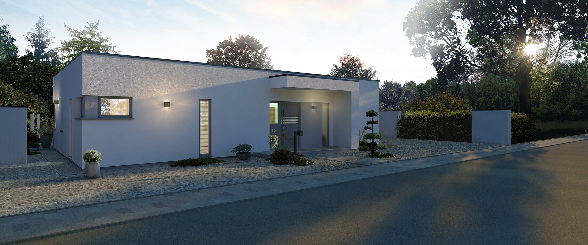 Rendering Flachdach-Bungalow Lifetime 5 von allkauf mit knapp 150 m², Vorderansicht in der Dämmerung mit Variante Flachdach