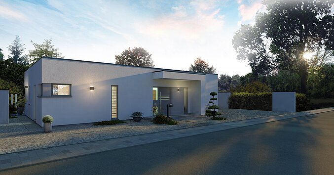 Rendering Flachdach-Bungalow Lifetime 5 von allkauf mit knapp 150 m², Vorderansicht in der Dämmerung mit Variante Flachdach