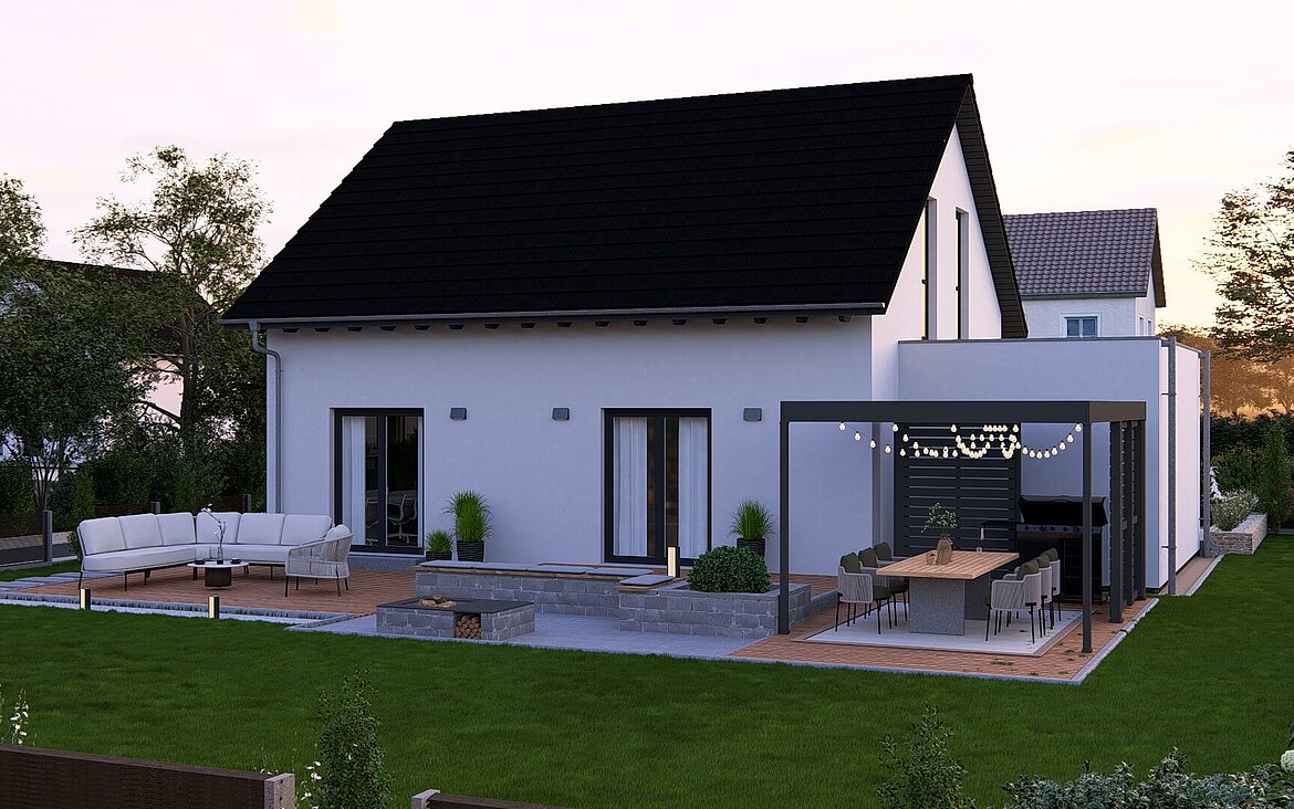 Aktionshaus Pure Home 6 von allkauf. Rückansicht am Abend