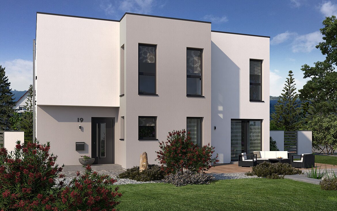 Mehrfamilienhaus Double 9 von allkauf, Ansicht Garten am Tag