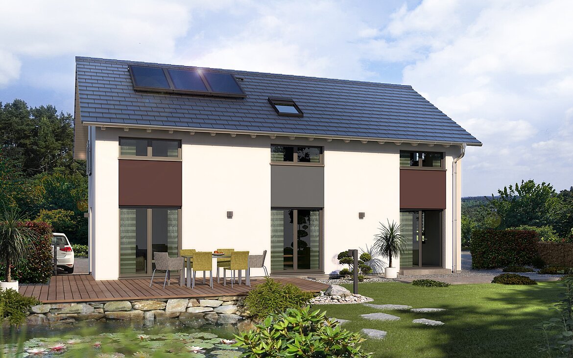 Einfamilienhaus Trendline S5 von allkauf, Ansicht Garten am Tag mit Solaranlage