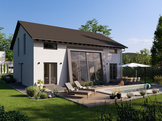 Seitliche Gartenansicht des Highline 5 von allkauf mit großer Glasfront, Terrasse und Pool