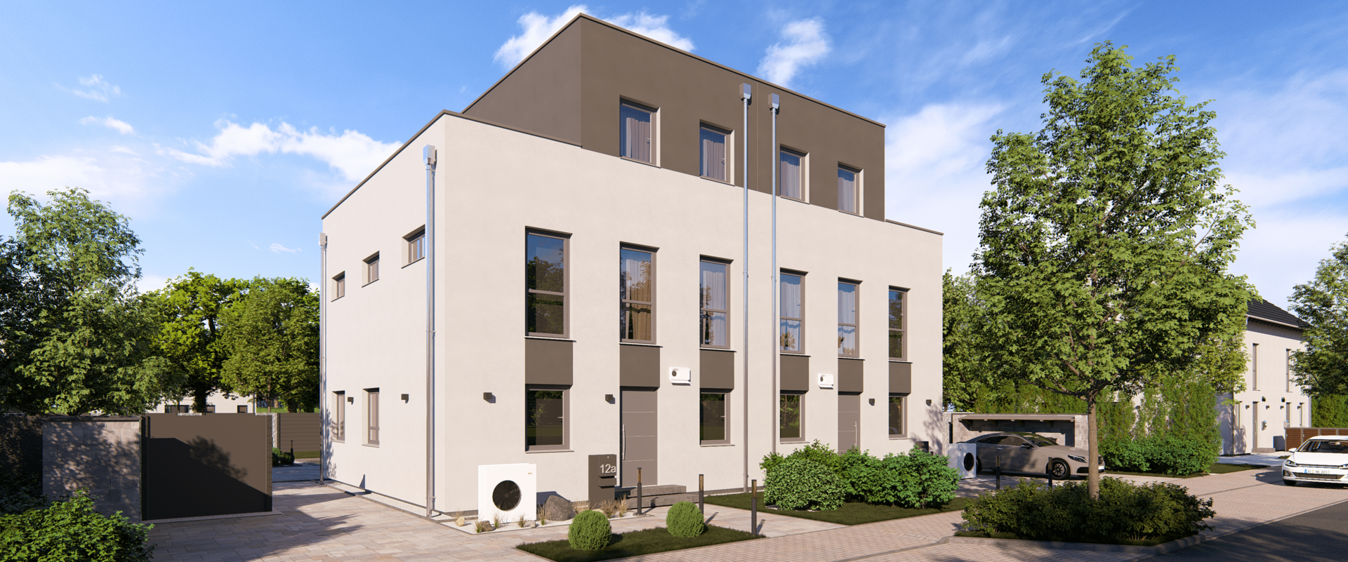 Mehrfamilienhaus Double 12 F von allkauf, Vorderansicht am Tag