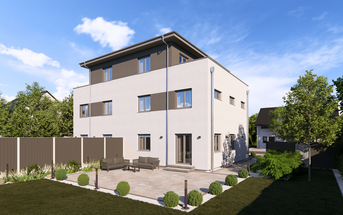 Mehrfamilienhaus Double 12 W von allkauf, Ansicht Garten am Tag