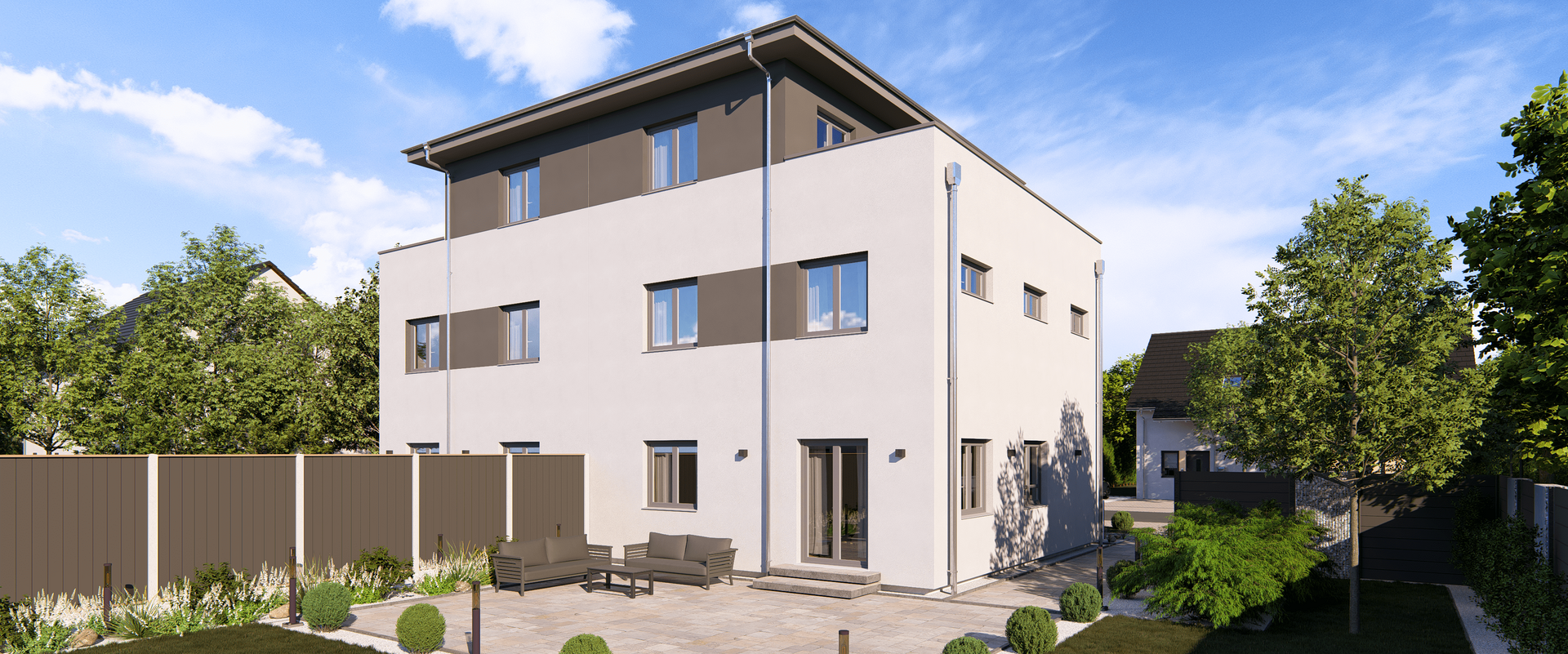 Mehrfamilienhaus Double 12 W von allkauf, Ansicht Garten am Tag
