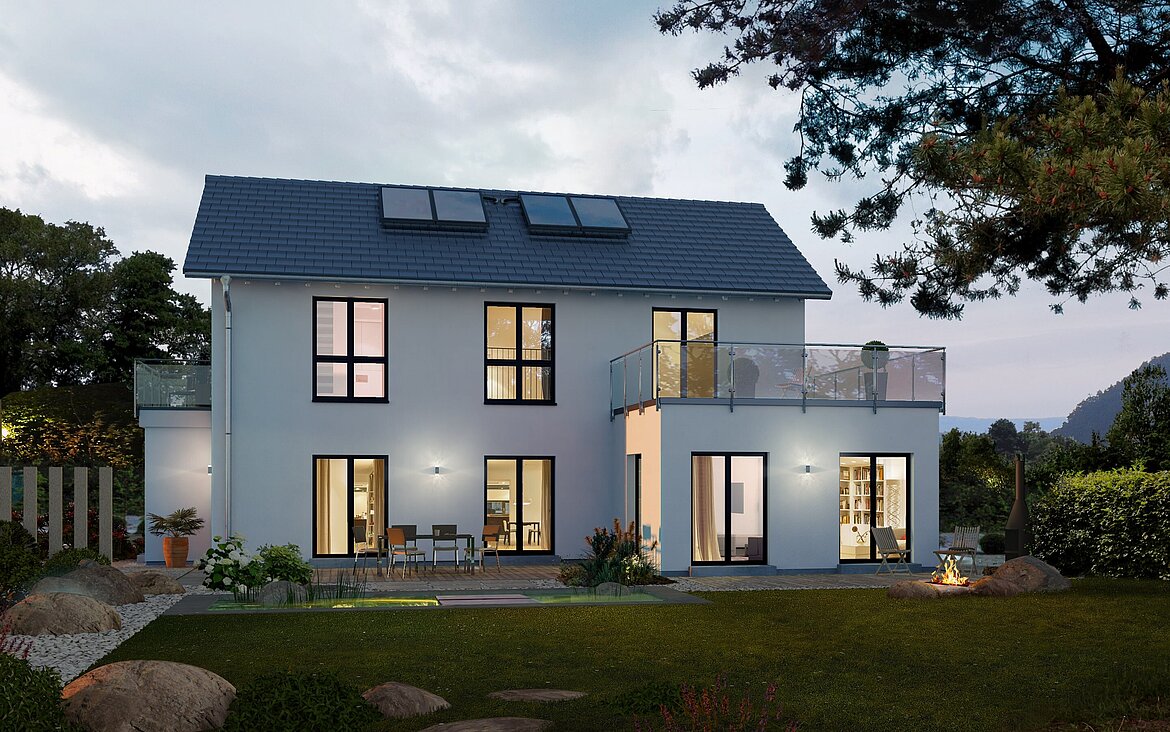 Mehrfamilienhaus Generation 4 V2 von allkauf, Ansicht Garten am Abend