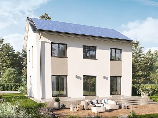 Einfamilienhaus Home 12 von allkauf 2-geschossig mit Satteldach und P-Anlage, Ansicht Garten am Tag