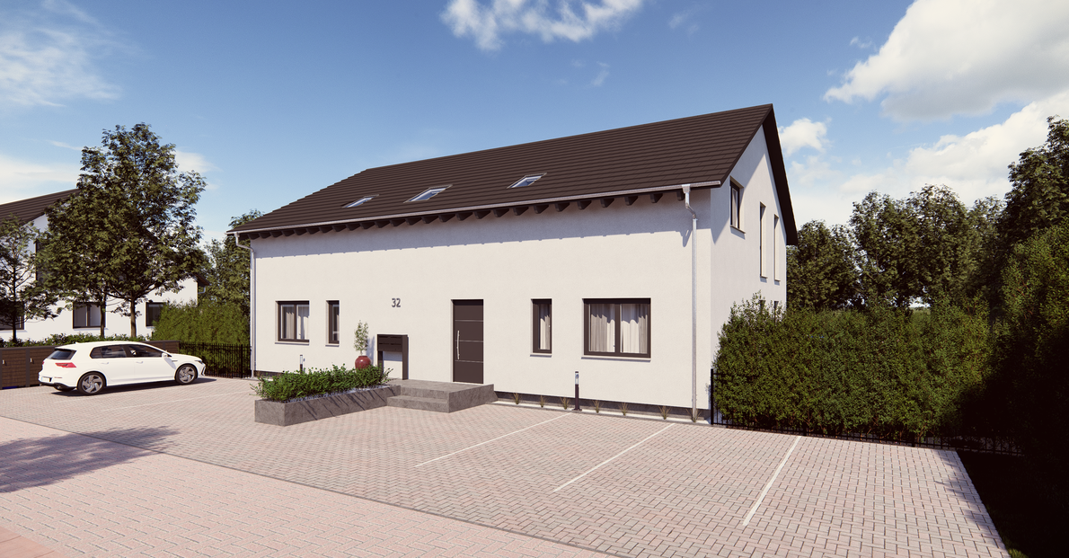 Mehrfamilienhaus Apartment 1 von allkauf, Ansicht außen mit Parkplatz am Tag
