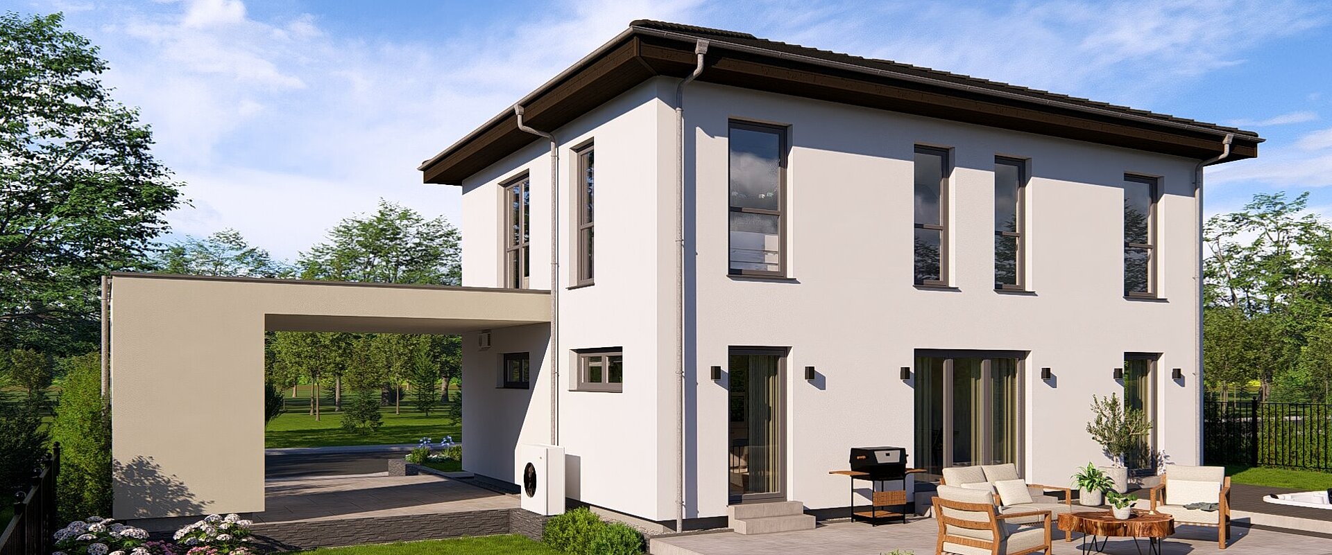 Einfamilienhaus Chance 2 von allkauf, Ansicht Garten mit Carport bei Tag