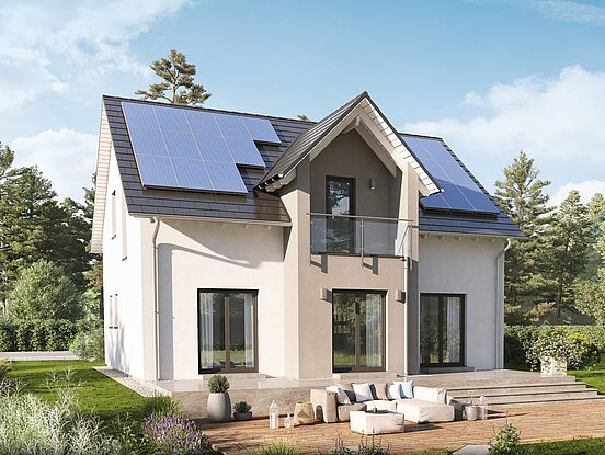 Einfamilienhaus Home 12 mit Satteldach von allkauf, Ansicht Garten am Tag