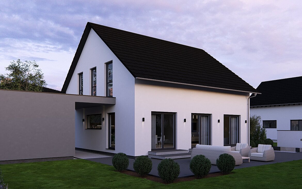 Aktionshaus Pure Home 3 von allkauf. Rückansicht am Abend