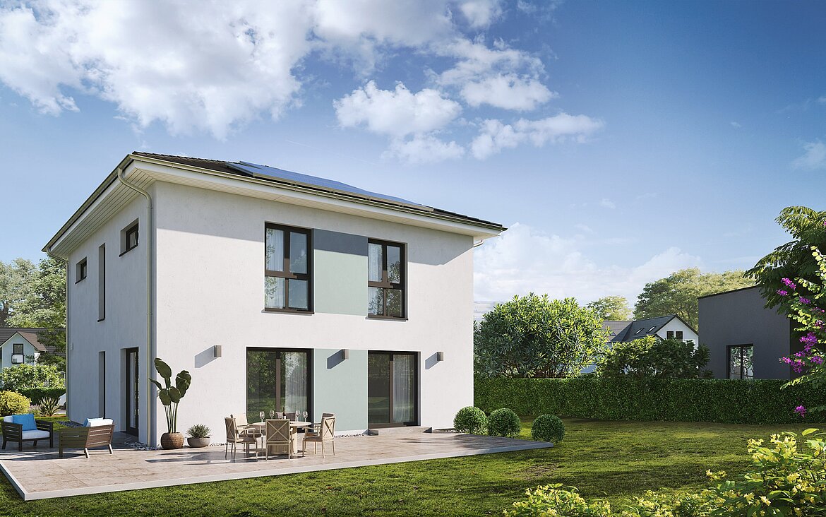 Einfamilienhaus Home 14 von allkauf 2-geschossig mit Walmdach, Ansicht Garten am Tag