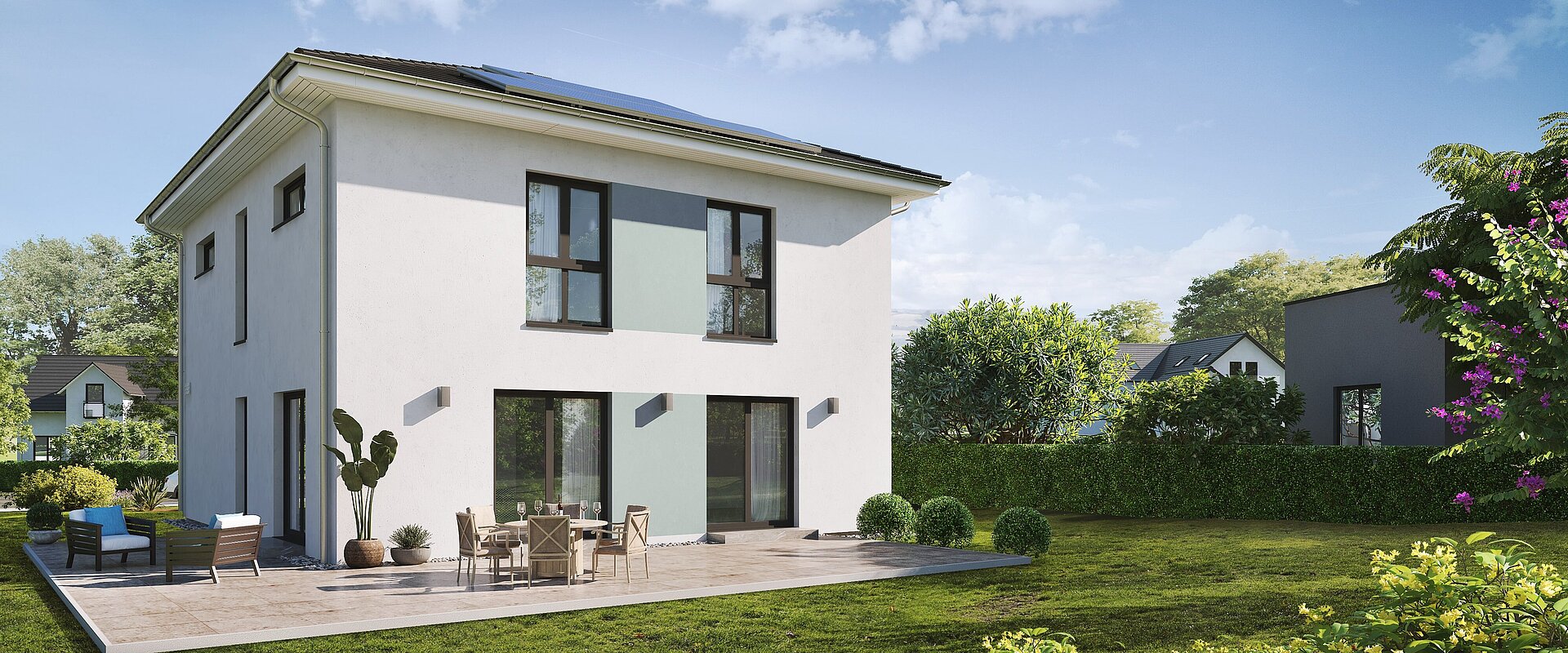 Einfamilienhaus Home 14 von allkauf 2-geschossig mit Walmdach, Ansicht Garten am Tag