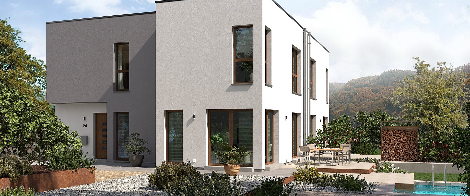 Doppelhaus Double 8 mit Flachdach von allkauf, Ansicht Garten am Tag