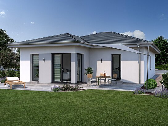 Bungalow Lifetime 1 von allkauf, Ansicht Garten am Tag mit Variante Walmdach