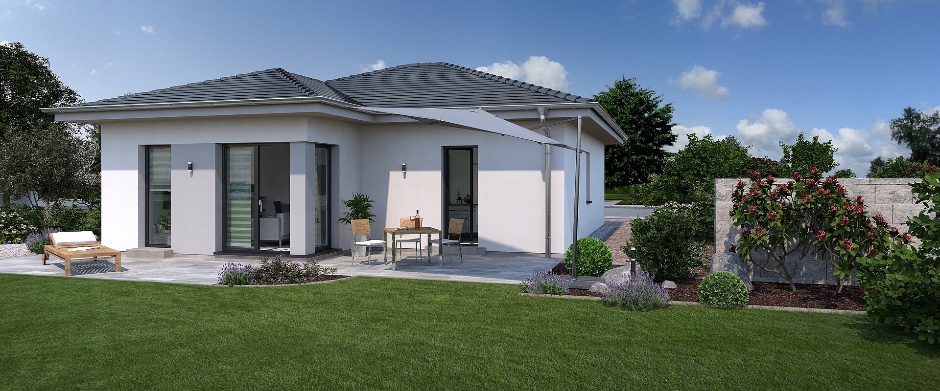 Bungalow Lifetime 1 von allkauf, Ansicht Garten am Tag mit Variante Walmdach