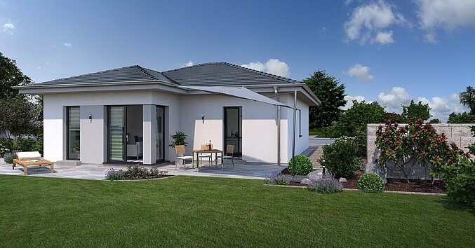 Bungalow Lifetime 1 von allkauf, Ansicht Garten am Tag mit Variante Walmdach