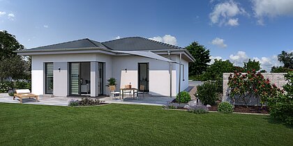 Bungalow Lifetime 1 von allkauf, Ansicht Garten am Tag mit Variante Walmdach