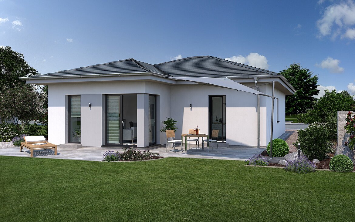 Bungalow Lifetime 1 von allkauf, Ansicht Garten am Tag mit Variante Walmdach