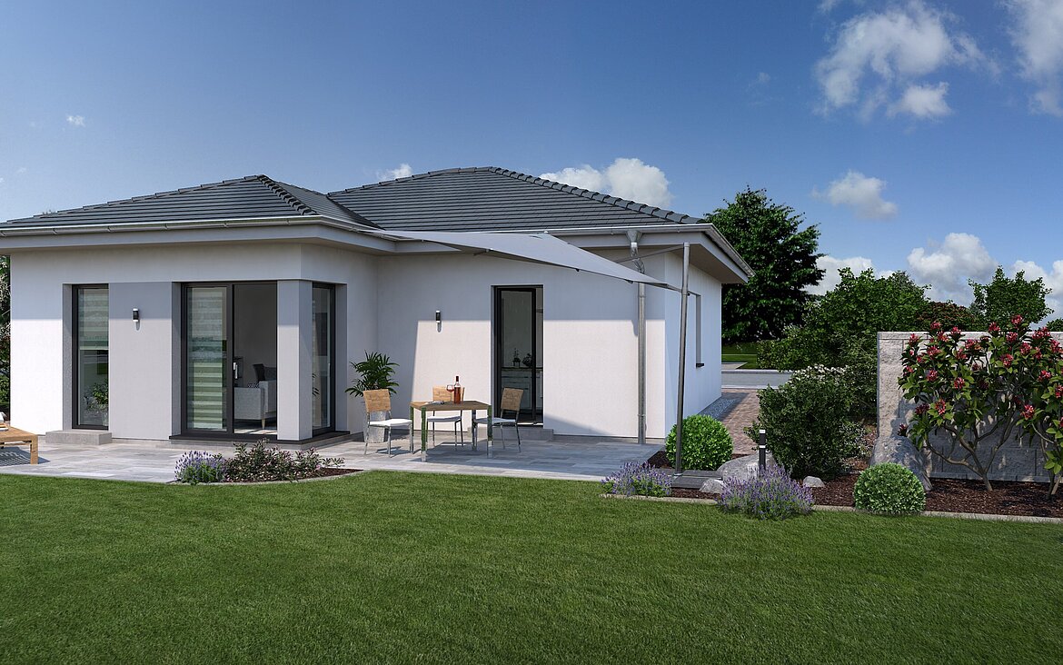 Bungalow Lifetime 1 von allkauf, Ansicht Garten am Tag mit Variante Walmdach