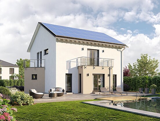 Einfamilienhaus Home 15 von allkauf 2-geschossig mit Satteldach, Ansicht Garten am Tag