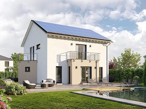 Einfamilienhaus Home 15 von allkauf 2-geschossig mit Satteldach, Ansicht Garten am Tag