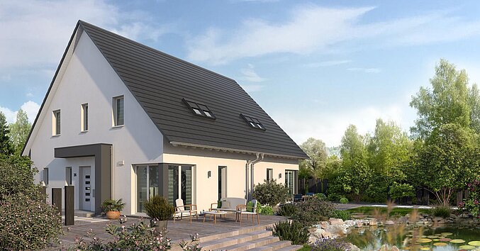 Mehrfamilienhaus Double 4 von allkauf, Ansicht Garten am Tag