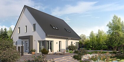 Mehrfamilienhaus Double 4 von allkauf, Ansicht Garten am Tag