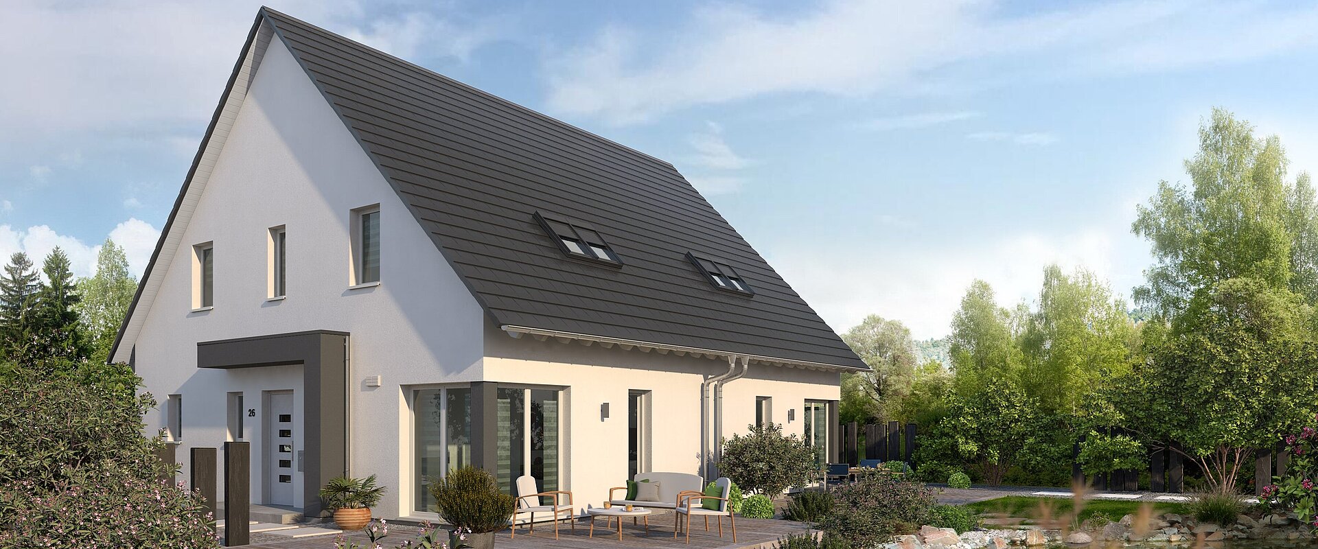 Mehrfamilienhaus Double 4 von allkauf, Ansicht Garten am Tag