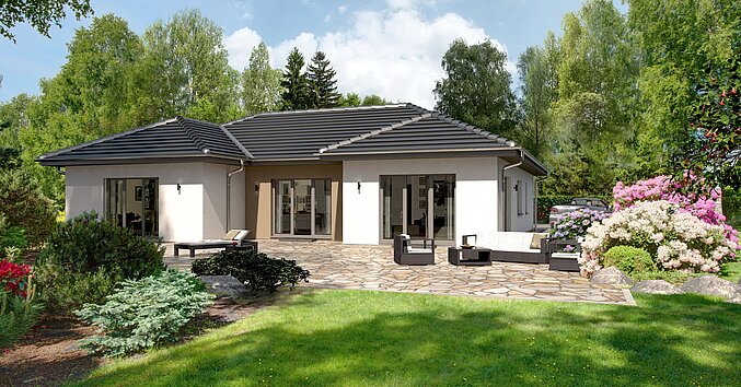 Rendering großer Bungalow Lifetime 9 mit knapp 200 m² von allkauf, Ansicht Garten am Tag