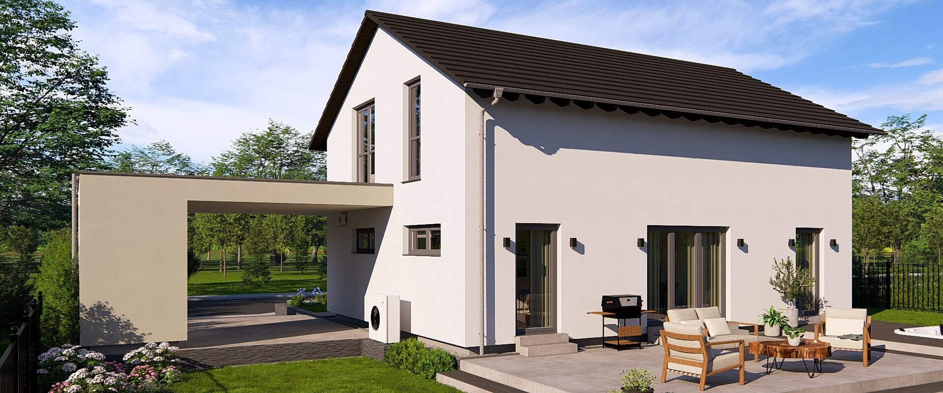 Einfamilienhaus Chance 1 von allkauf, Ansicht Garten mit Carport bei Tag