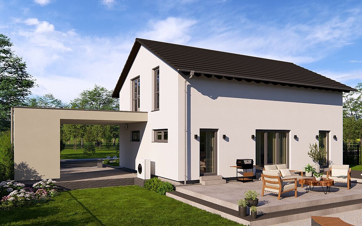 Einfamilienhaus Chance 1 von allkauf, Ansicht Garten mit Carport bei Tag