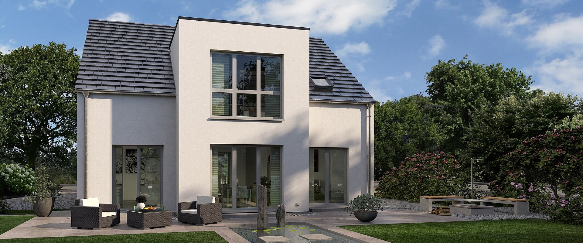 Einfamilienhaus Prestige 3 von allkauf, Ansicht Garten bei Tag