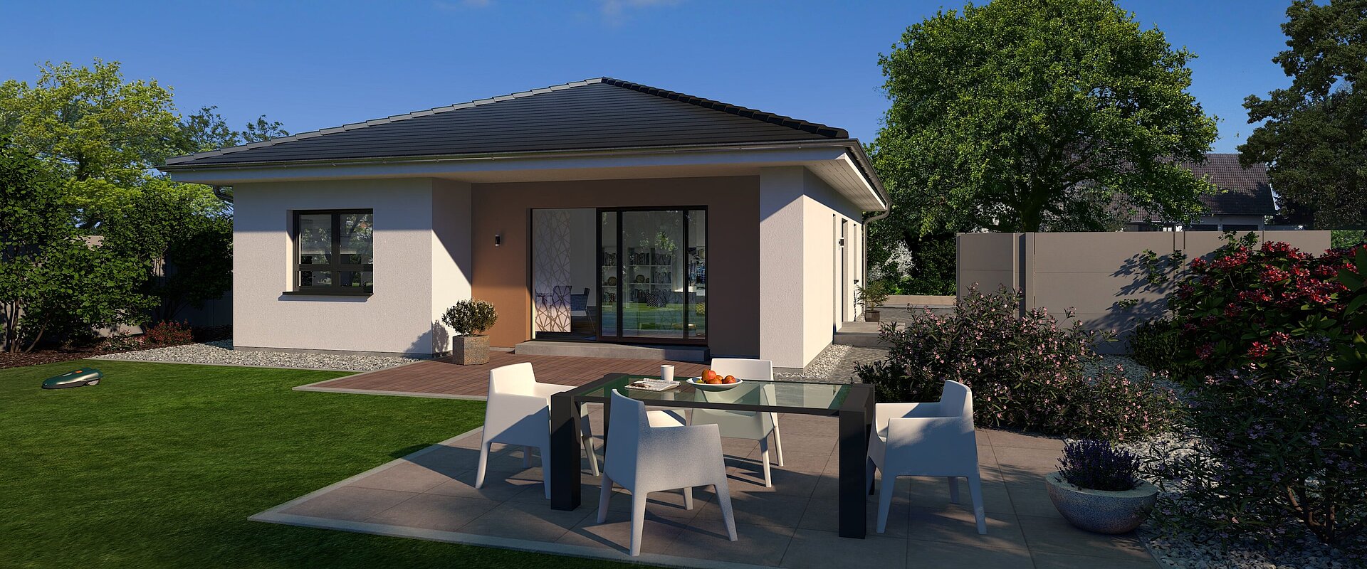 Bungalow Lifetime 2 von allkauf, Ansicht Garten am Tag mit Variante Walmdach